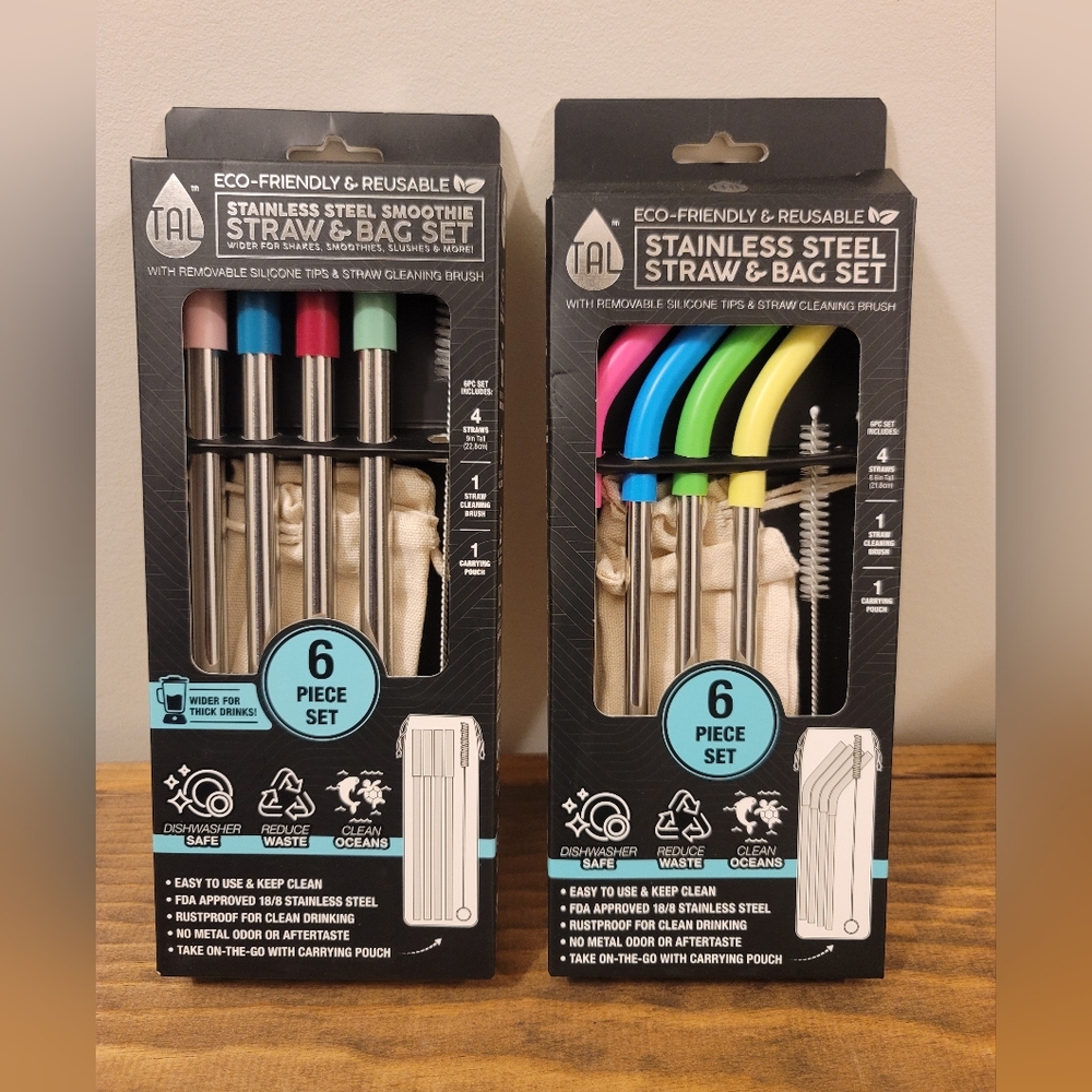 TAL Stainless Steel Silicone Tip Beverage Straws, Brush & Bag Set - 12 Pcs Total